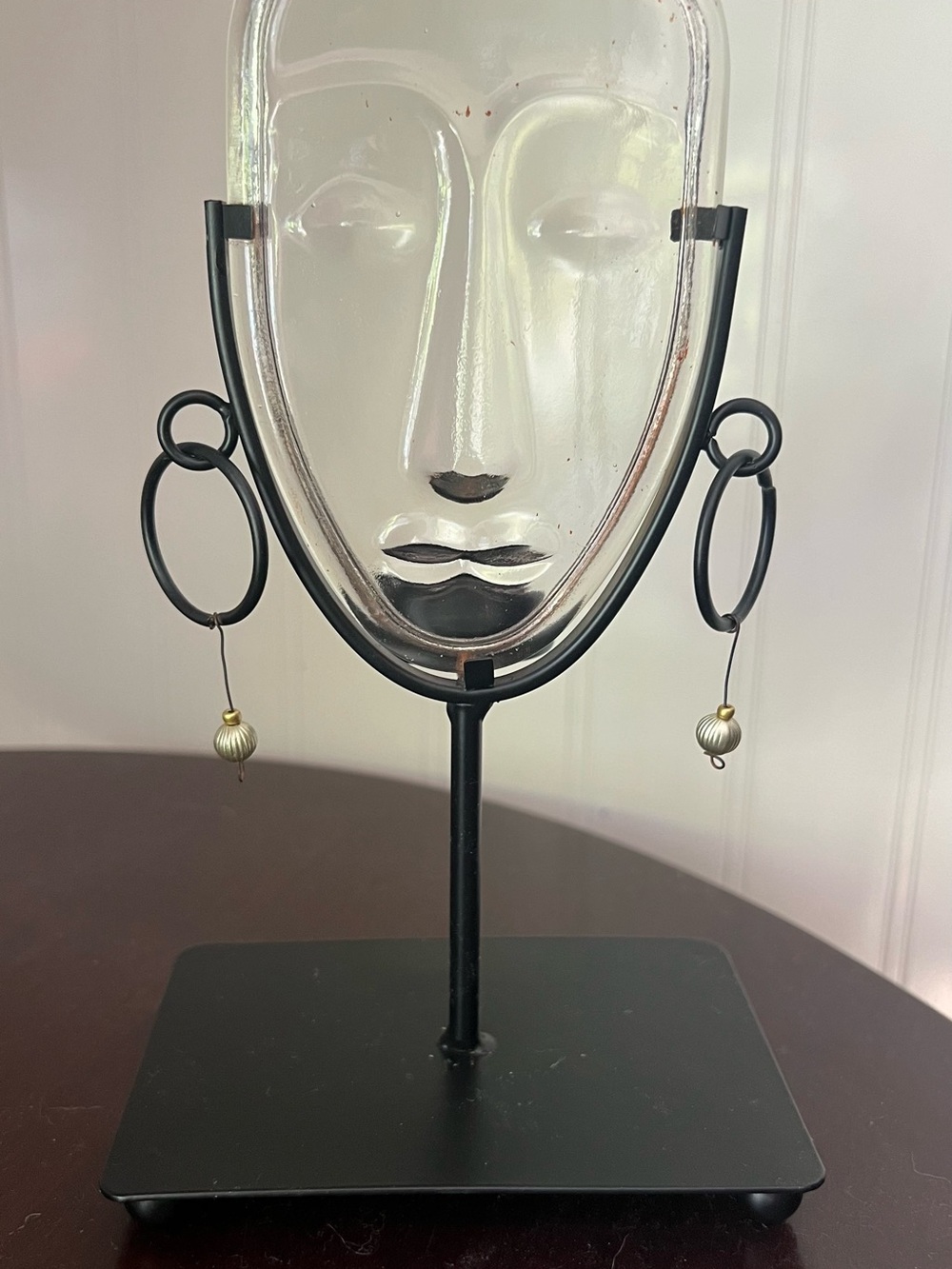 Vintage 90s Glass Face Tealight Candle Holder Black Metal Stand Mask Votive